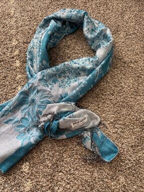 Pashmina Teal and Silver Floral Fringe Wrap